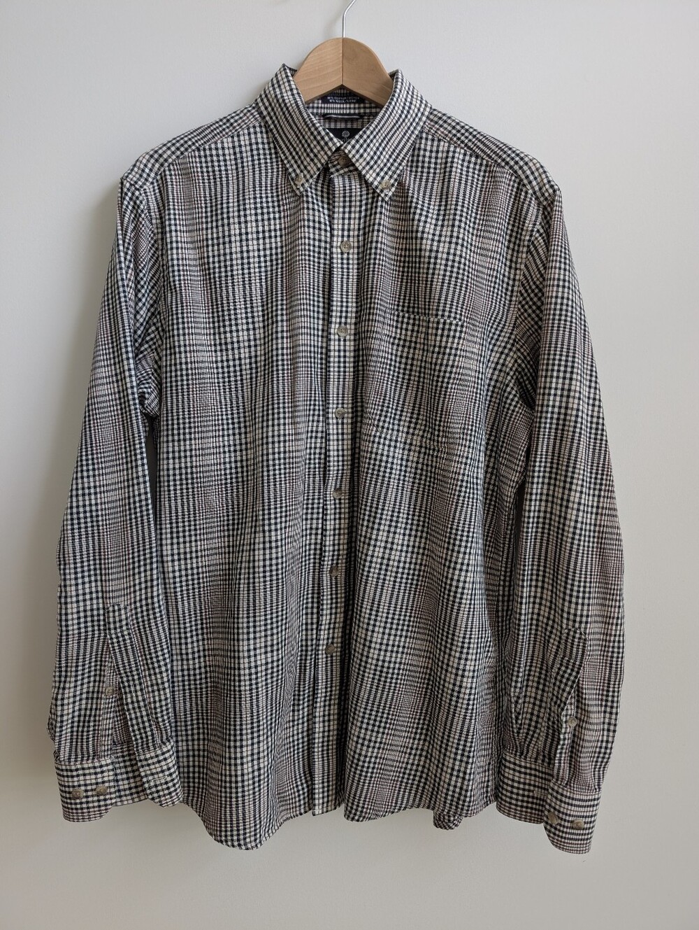 Viyella Men's Large Cotton Wool Long Sleeve Button Down Shirt Cream Black Plaid